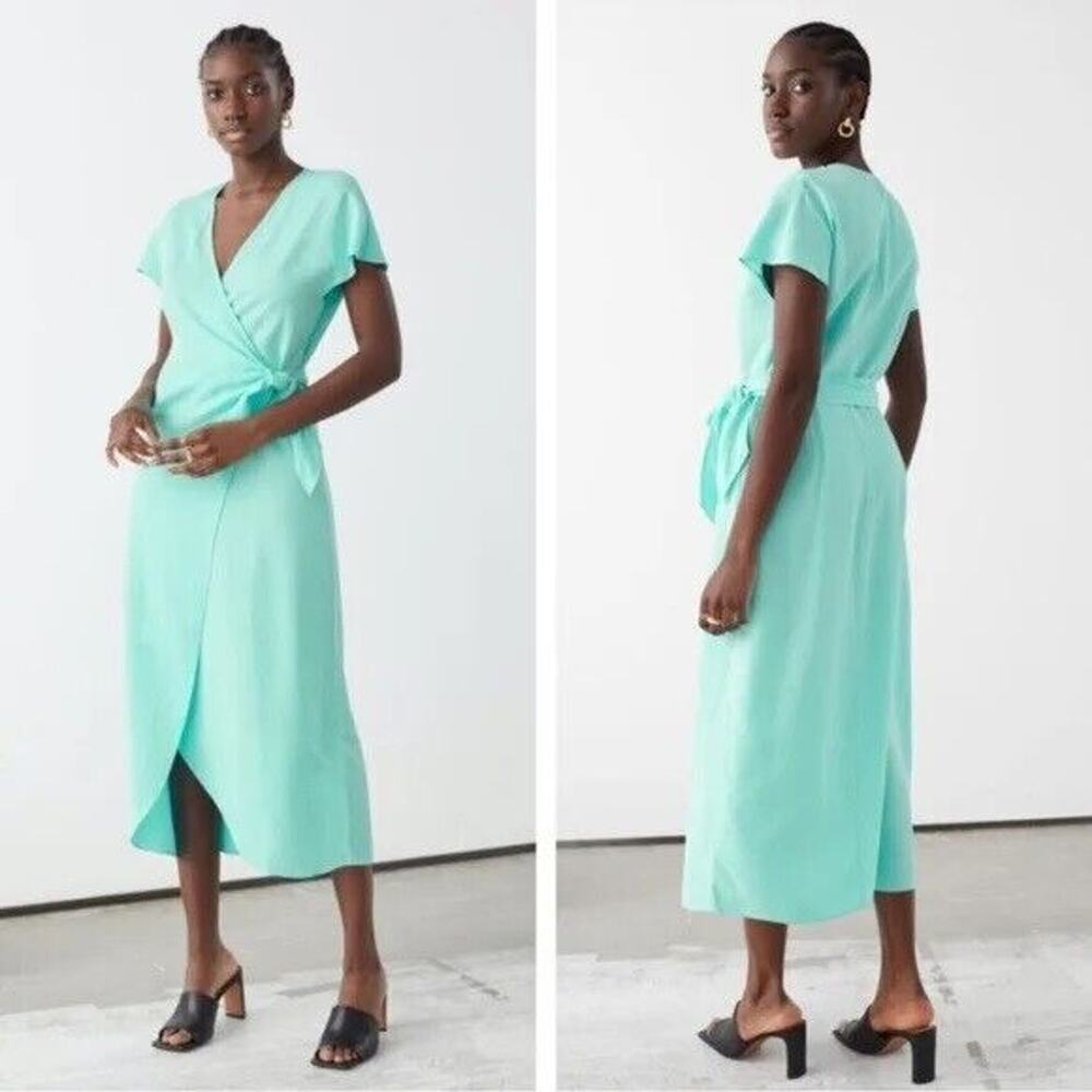 Paris Atelier Other Stories sz 4 Wrap Dress Midi Surplice Side Tie Lyocell Linen